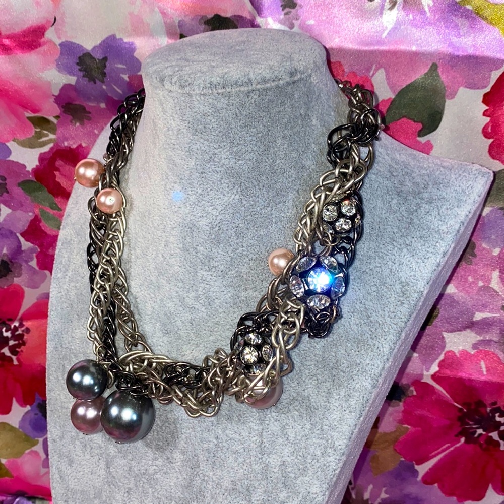 Vera Wang • Heavy Metal Pearl and Rhinestone Cluster Statement Necklace